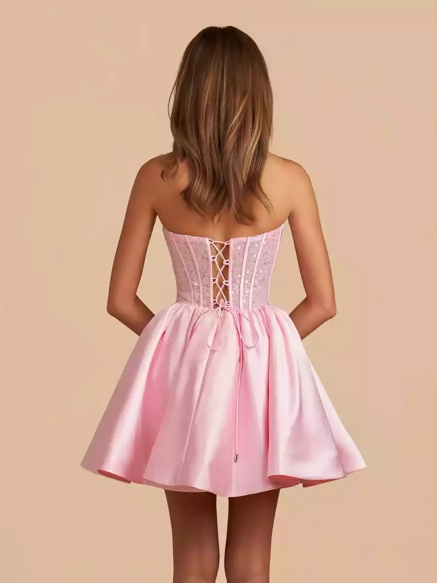 Playful and elegant satin A-line off shoulder slim fit short sequined sleeveless lace up back Homecoming Dresses
